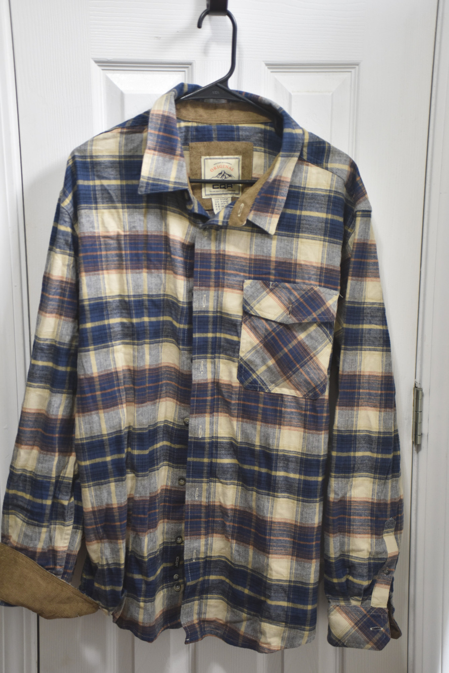 CQR Plaid Flannel Shirt Tan Blue Corduroy Trim X-Large LSC263